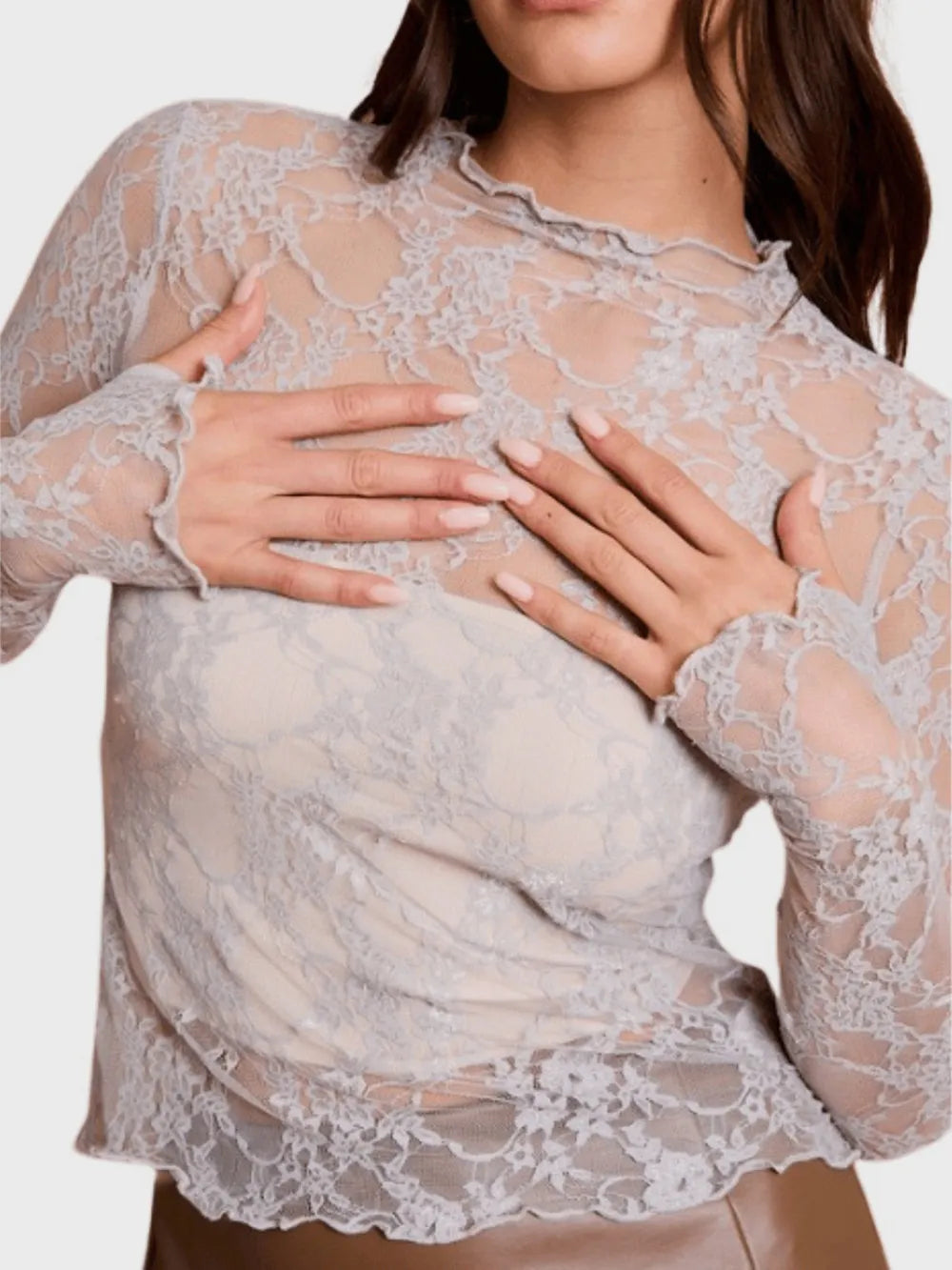 Light gray lace mock neck long sleeve top with floral pattern and ruffle hem