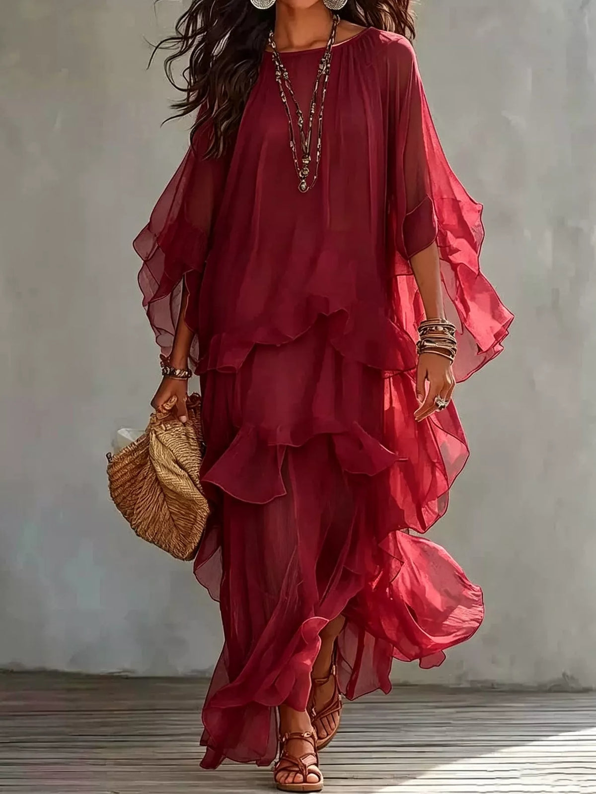 Burgundy layered maxi dress with cascading ruffled tiers and sheer flutter sleeves
