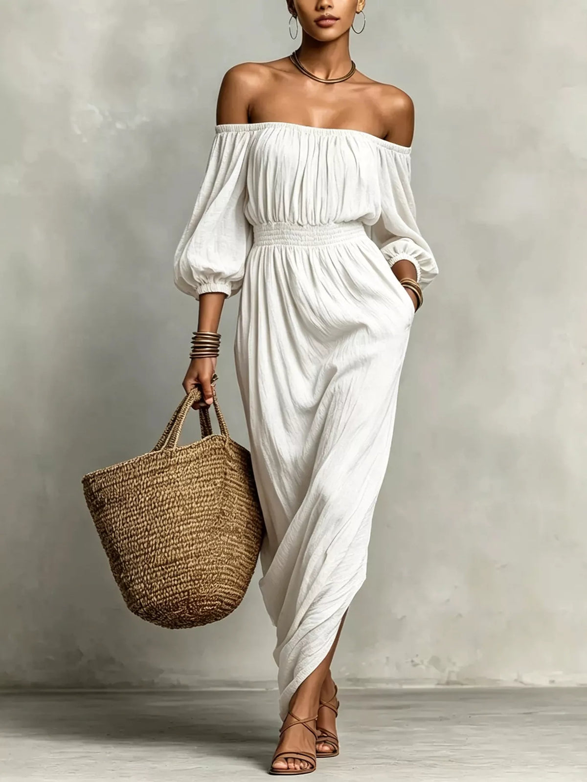 White off-shoulder smocked maxi dress with long puff sleeves and gathered bodice