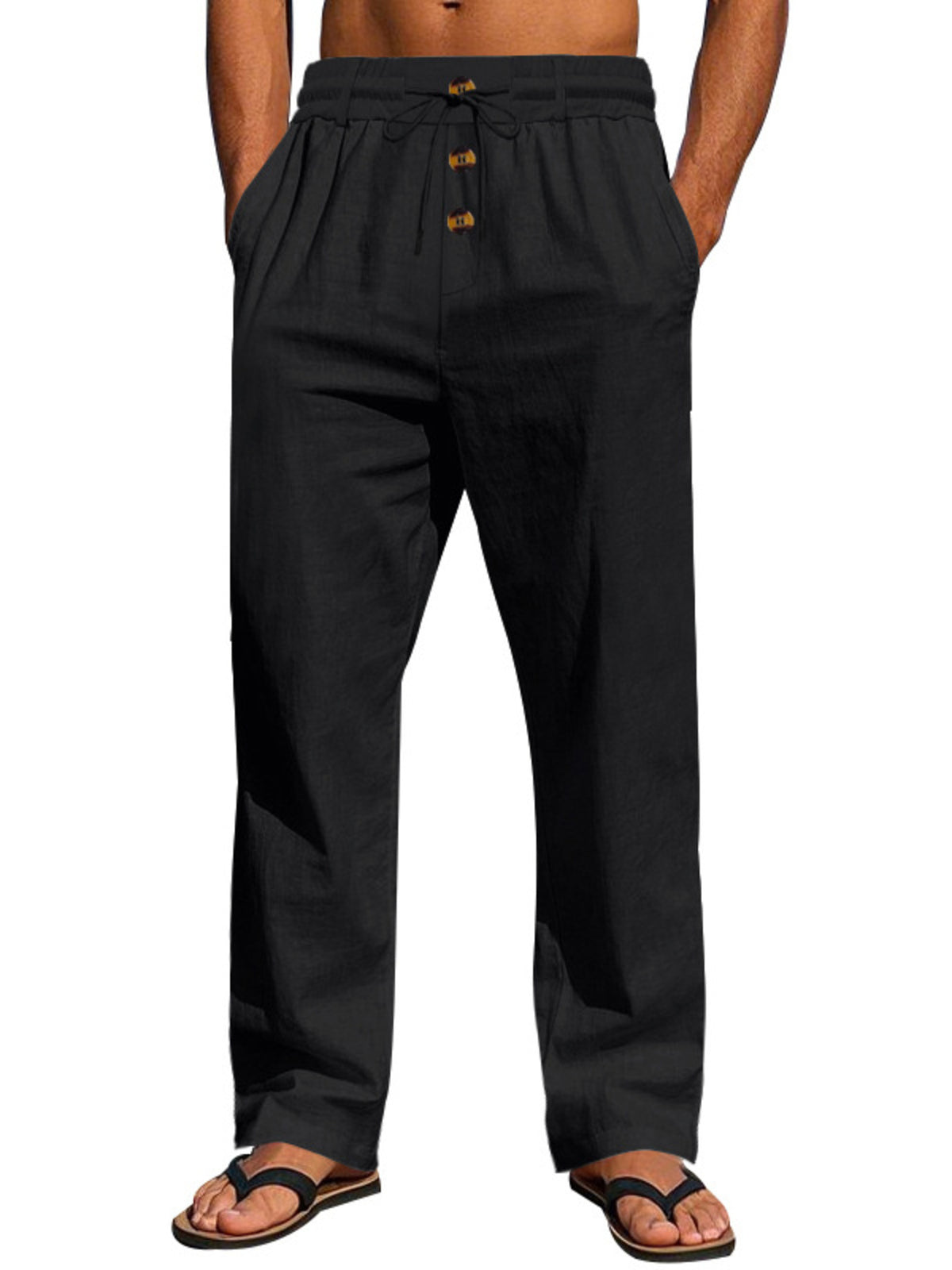 Lightweight men’s black drawstring pants with button placket and relaxed straight legs