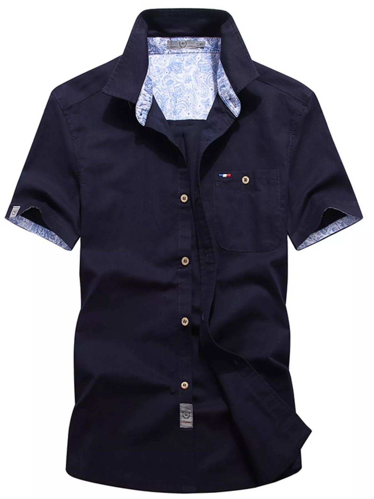 Men's casual short-sleeve button-up shirt, dark navy with chest pocket