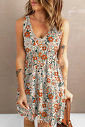 Sleeveless floral button-down dress with V neckline and gathered waist, light base