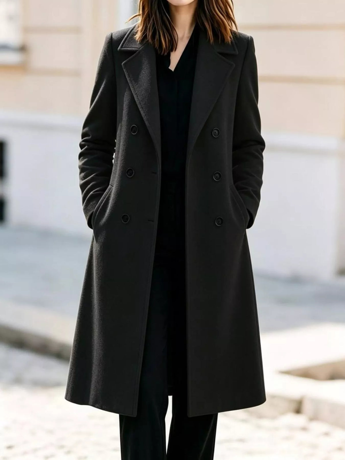 Black double-breasted wool coat with notch lapels and dark button rows