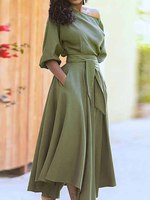 Boat neck tie-waist dress, matcha green, elbow-length sleeves, tied waist, flared midi skirt