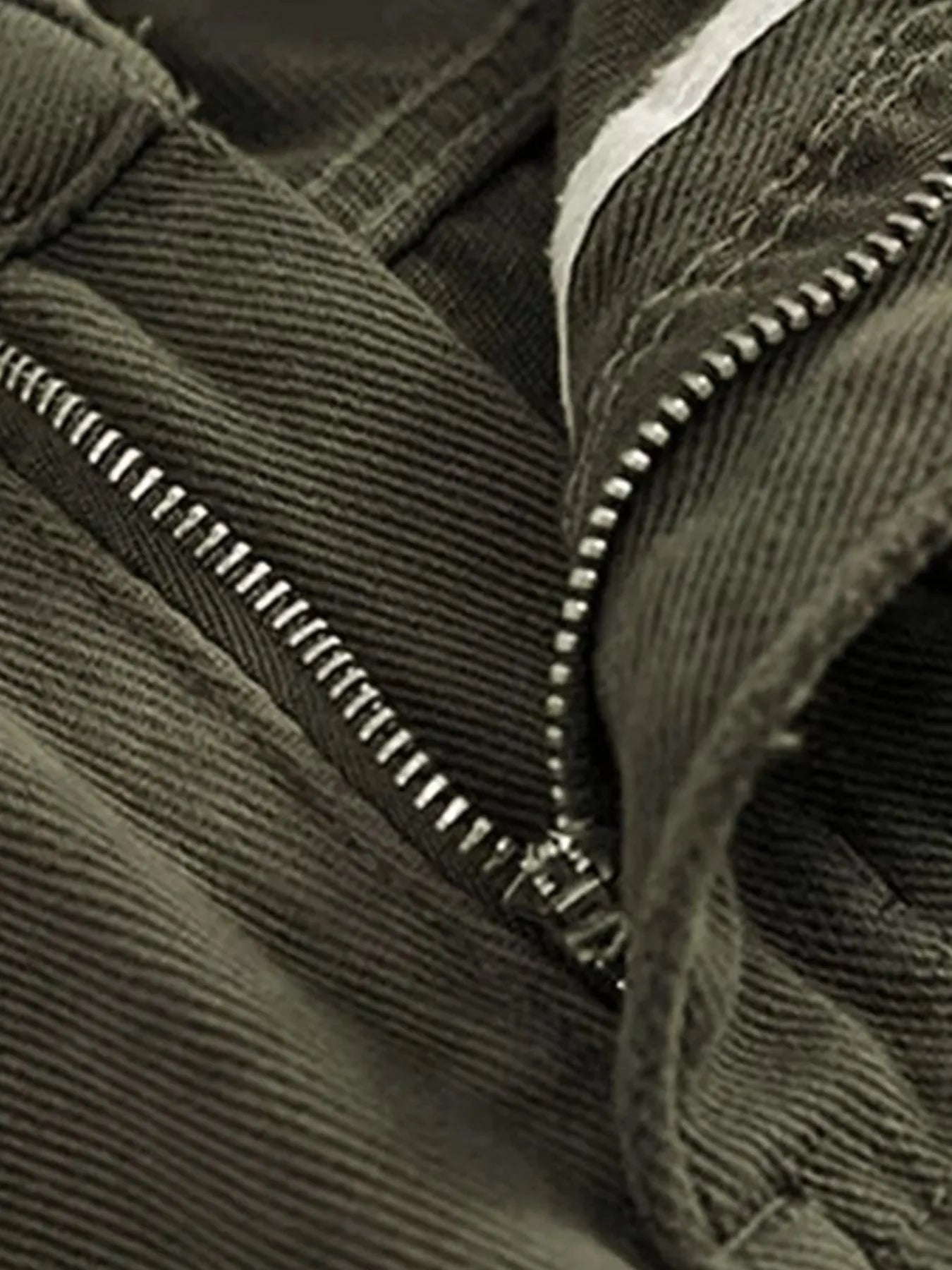 Olive pants zipper and button fly with pleated front detail