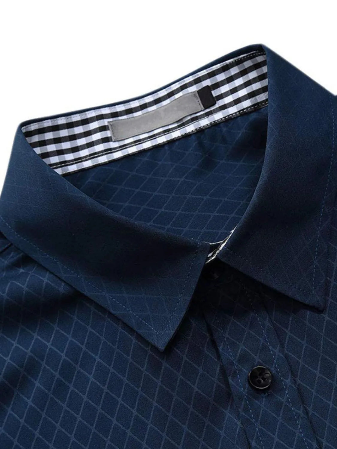 Men's collared short-sleeve shirt, dark blue with check-pattern inner collar.