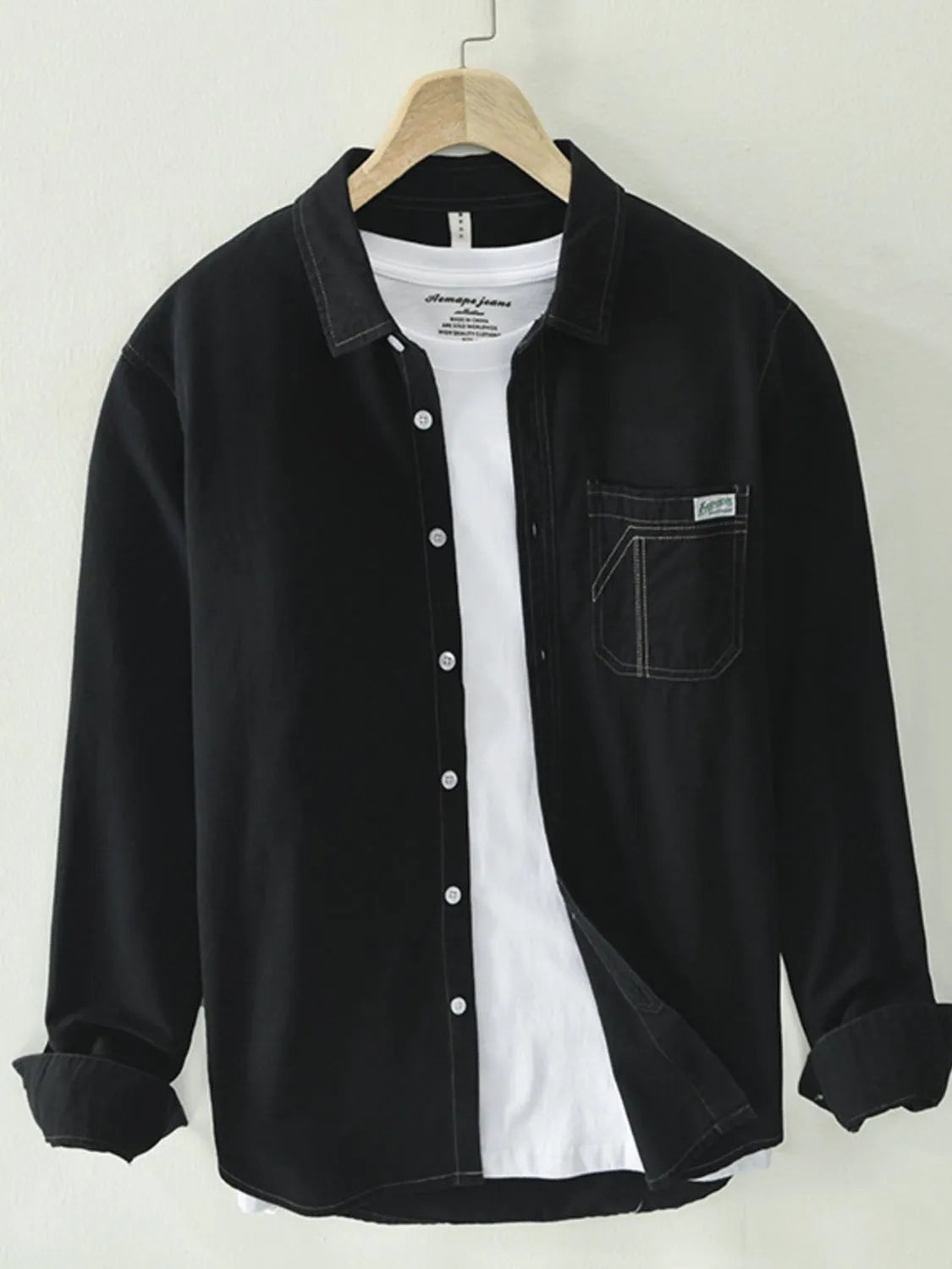 Men's plus size button-up long-sleeve shirt, black with front buttons and chest pocket