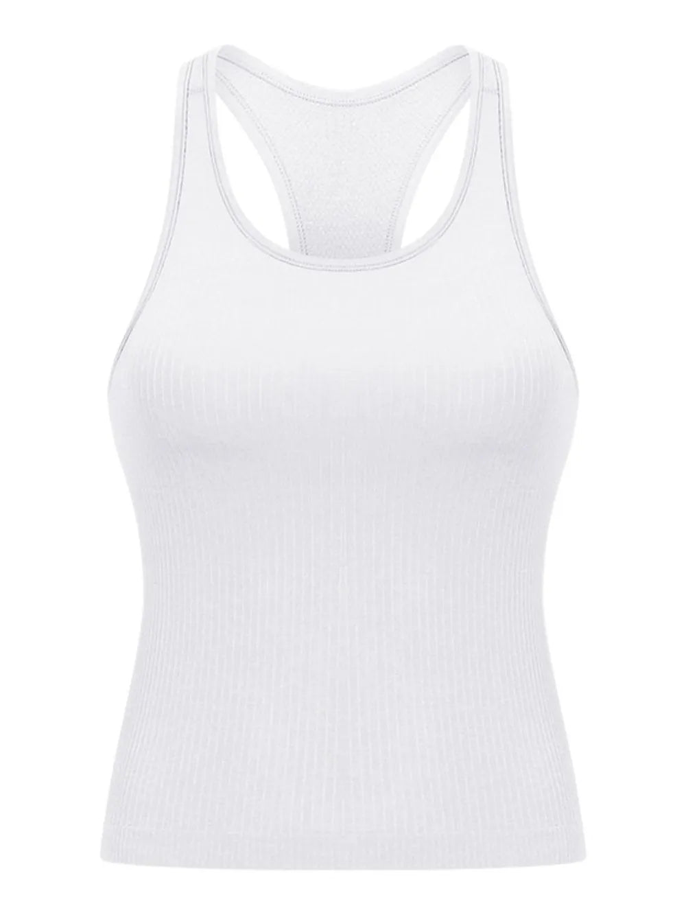 White round-neck racerback active tank top with wide arm openings