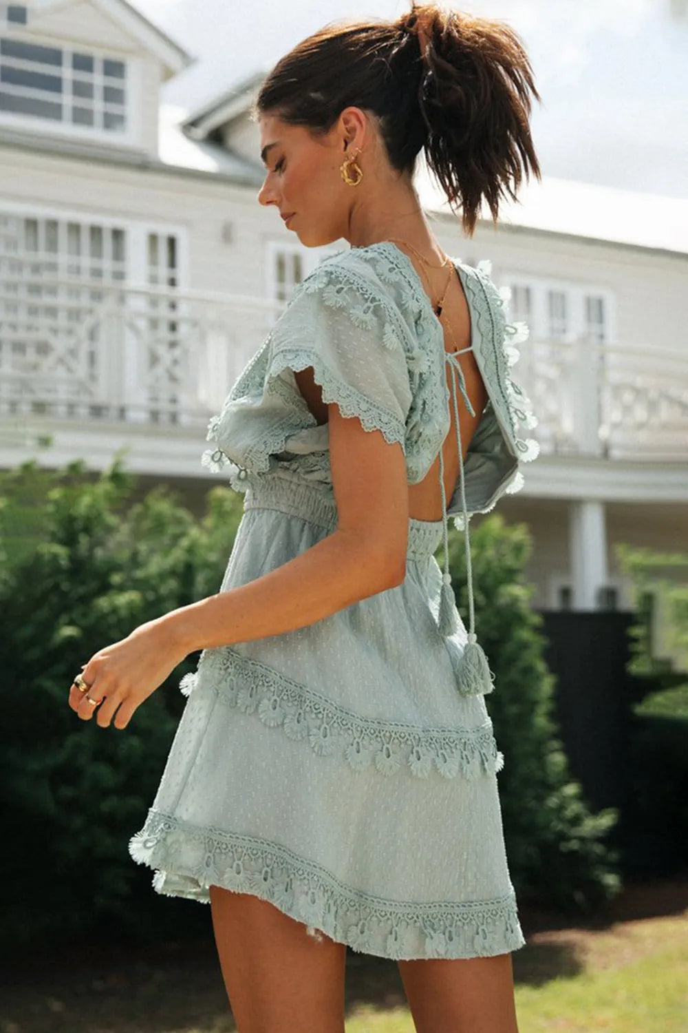 Lace Detail Plunge Short Sleeve Mini Dress in mint blue with back tie