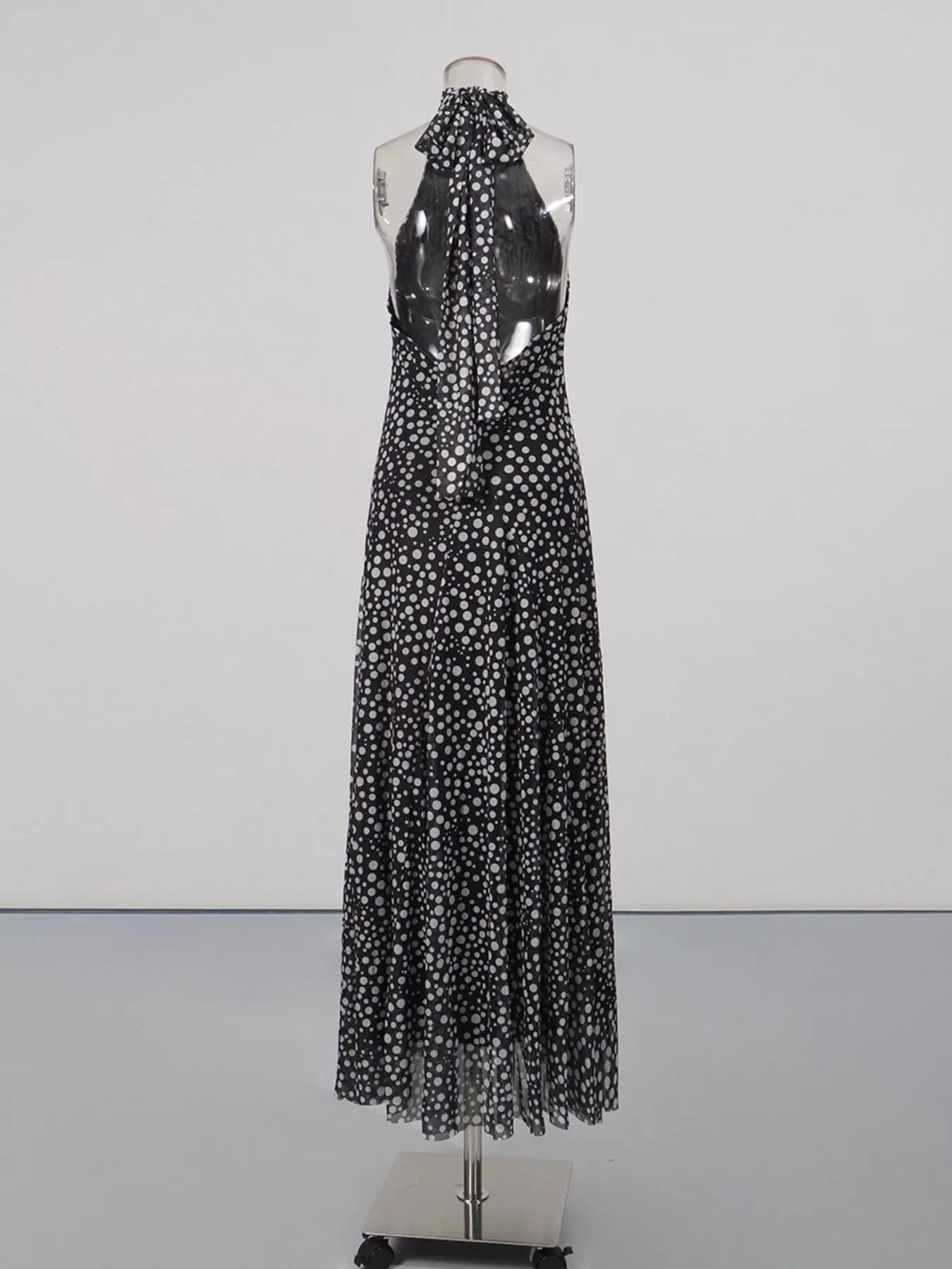Cedar & Moore Halter Neck Polka Dot Maxi Dress, black with white dots, back-tie detail, Trendsi