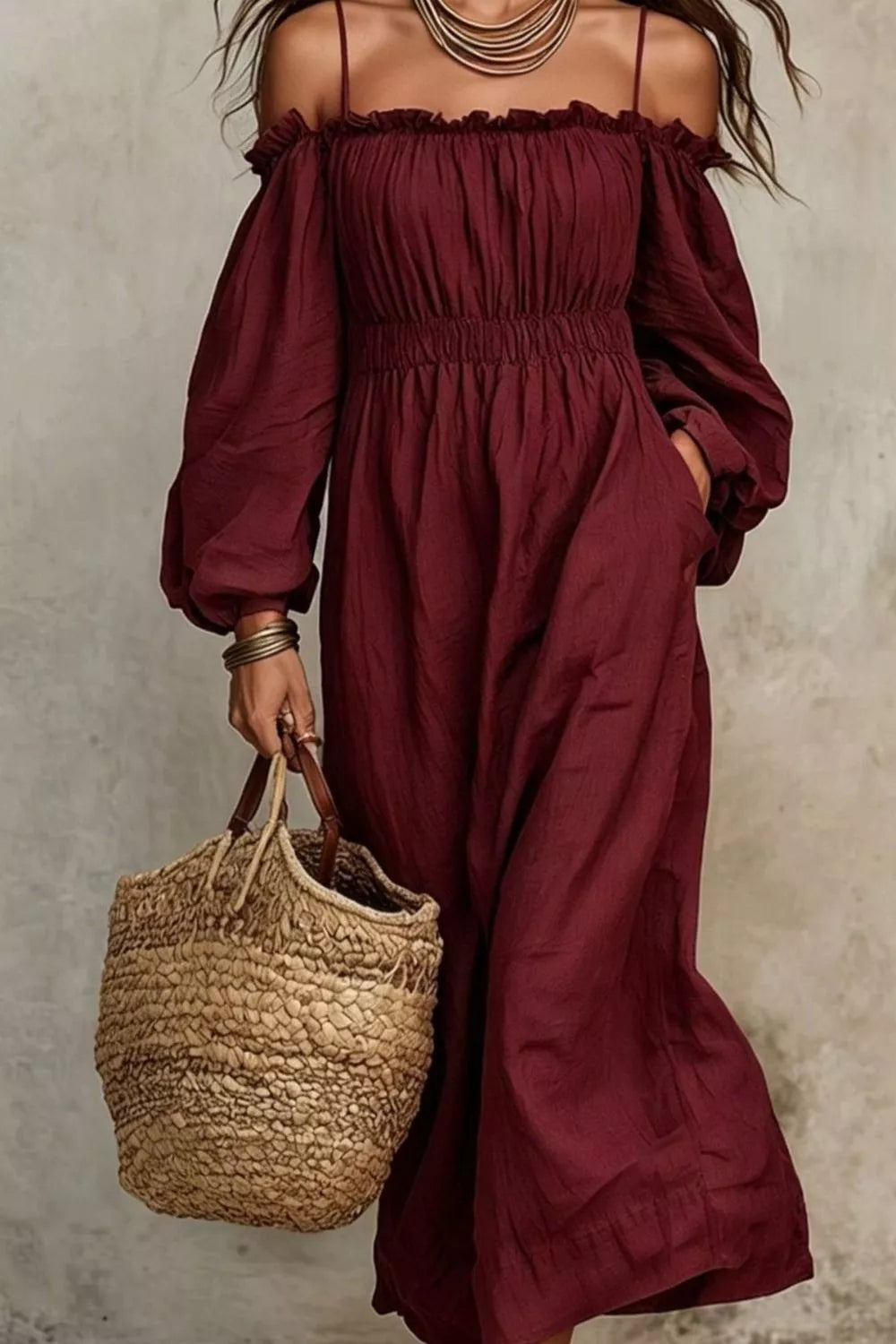 Burgundy spaghetti strap dress with smocked bodice, gathered off-shoulder neckline, and puff sleeves