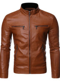 Coffee brown men's zip-up motorcycle jacket, front with stand collar and zip