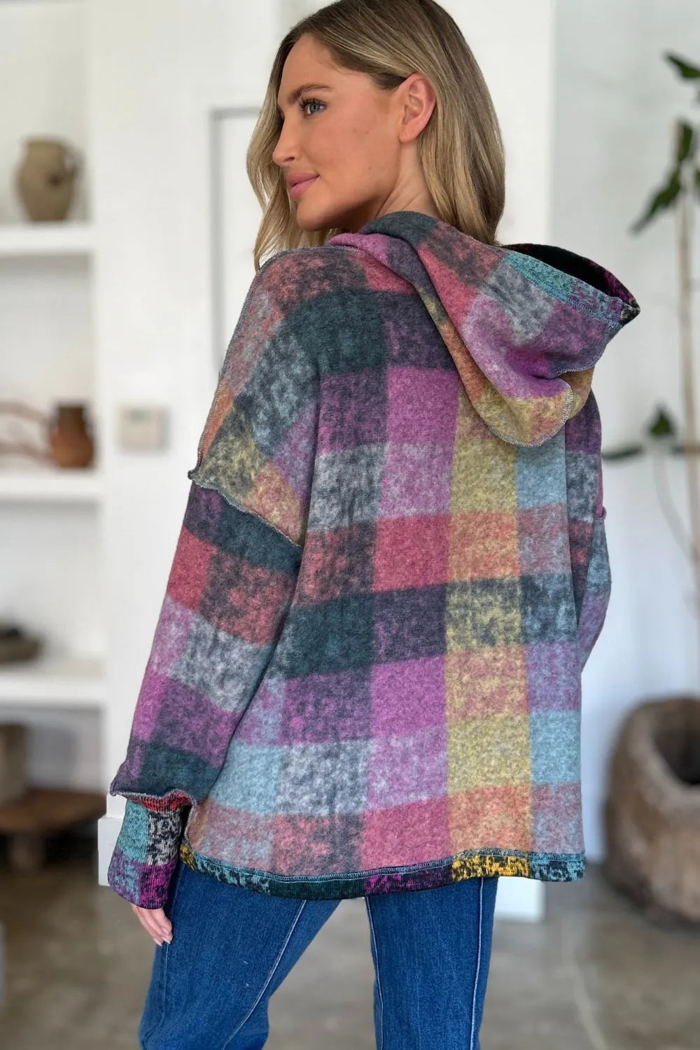 Plaid fleece hoodie with dropped shoulders, hood from back view, purple multicolor plaid.