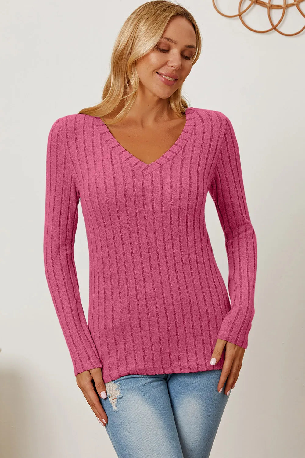 Cedar & Moore Basic Bae Full Size Ribbed V-Neck Long Sleeve T-Shirt in pink knit