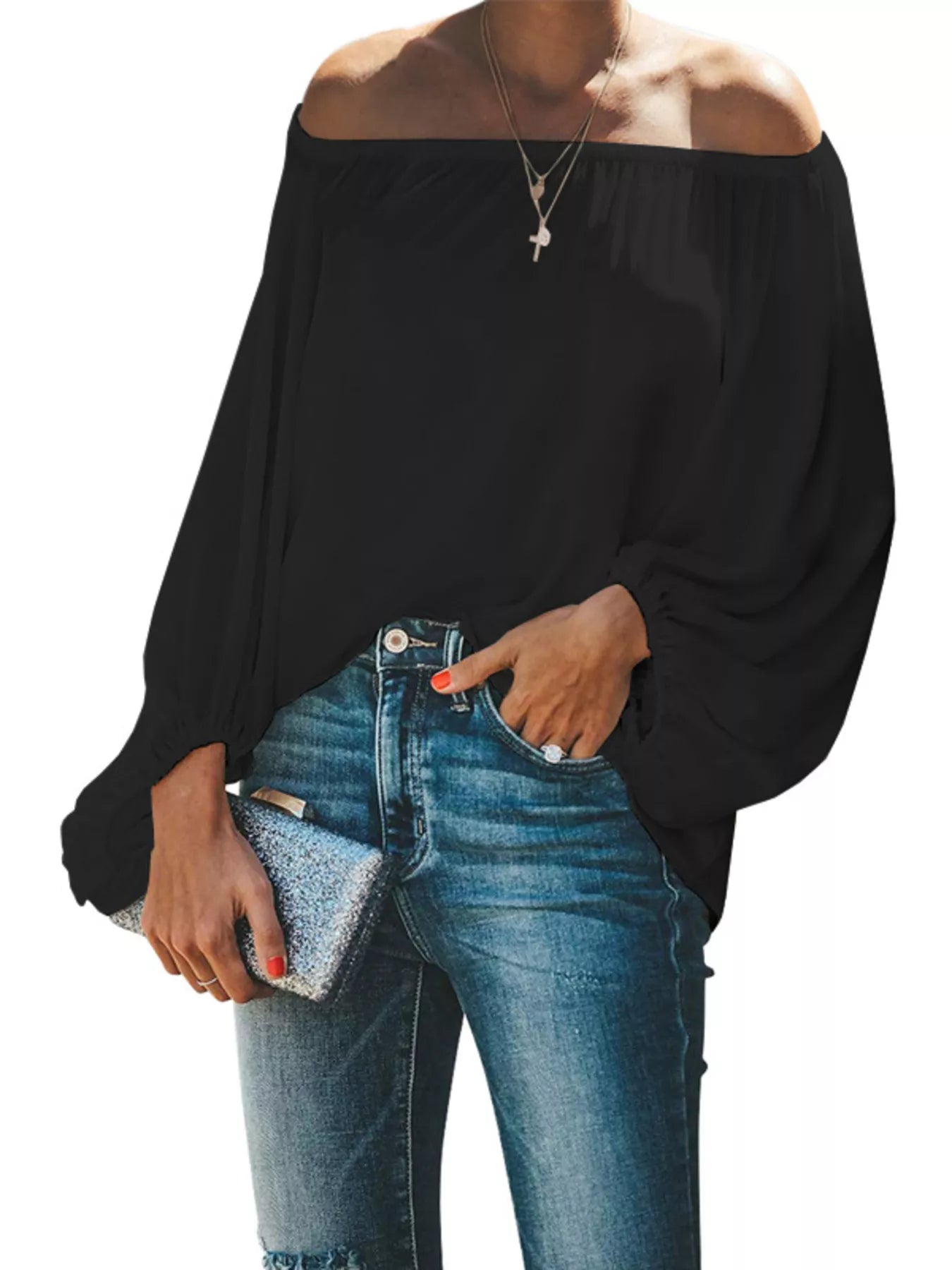 Cedar & Moore black off-shoulder balloon-sleeve blouse for plus size