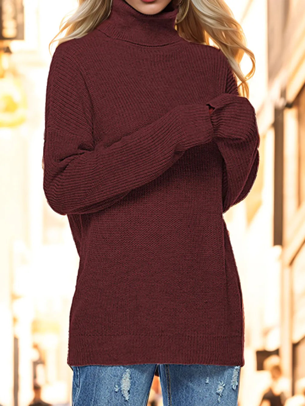 Burgundy turtleneck drop-shoulder sweater with long sleeves and ribbed knit