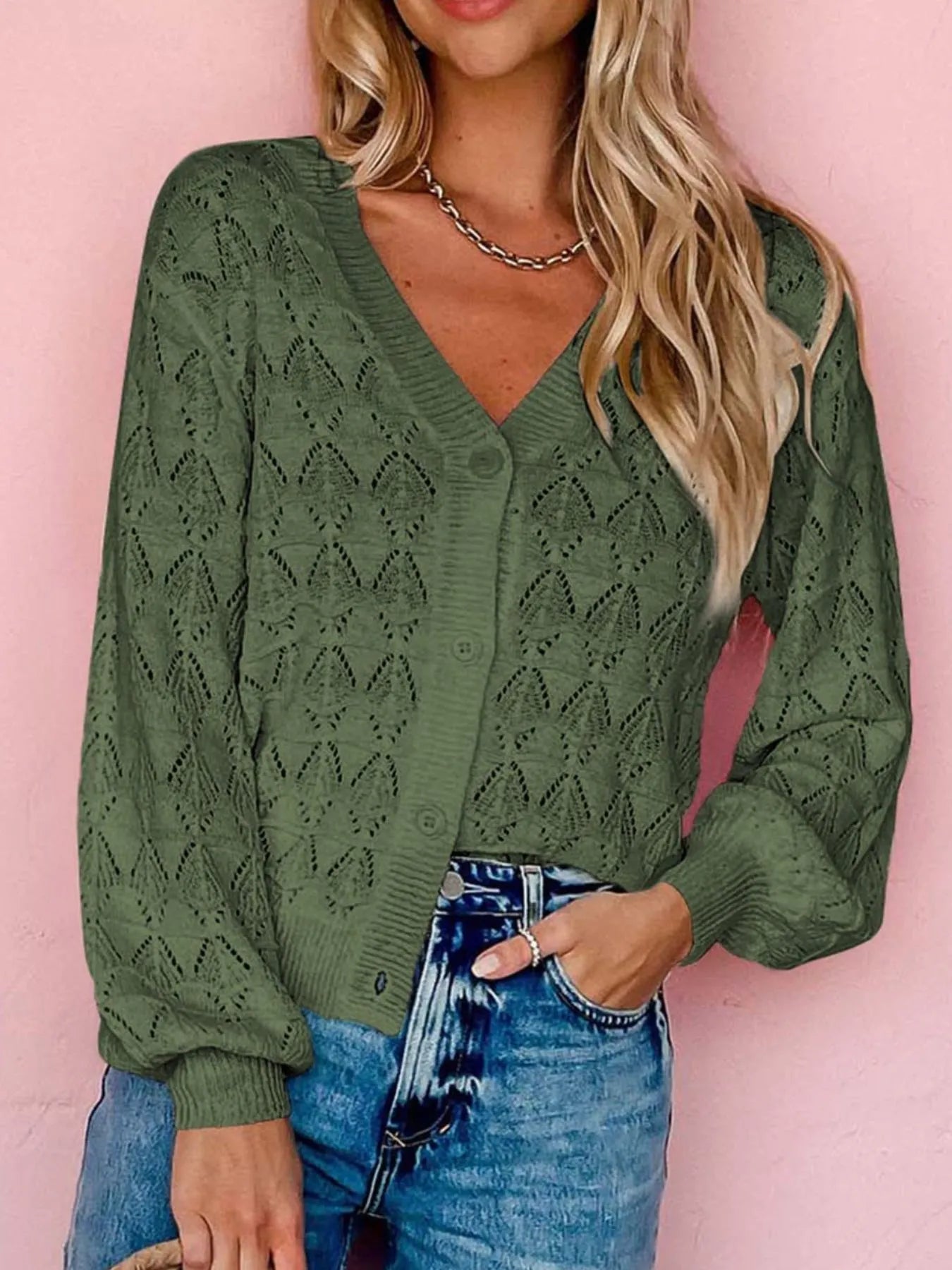 Olive green openwork cardigan with button front and long sleeves, V-neck