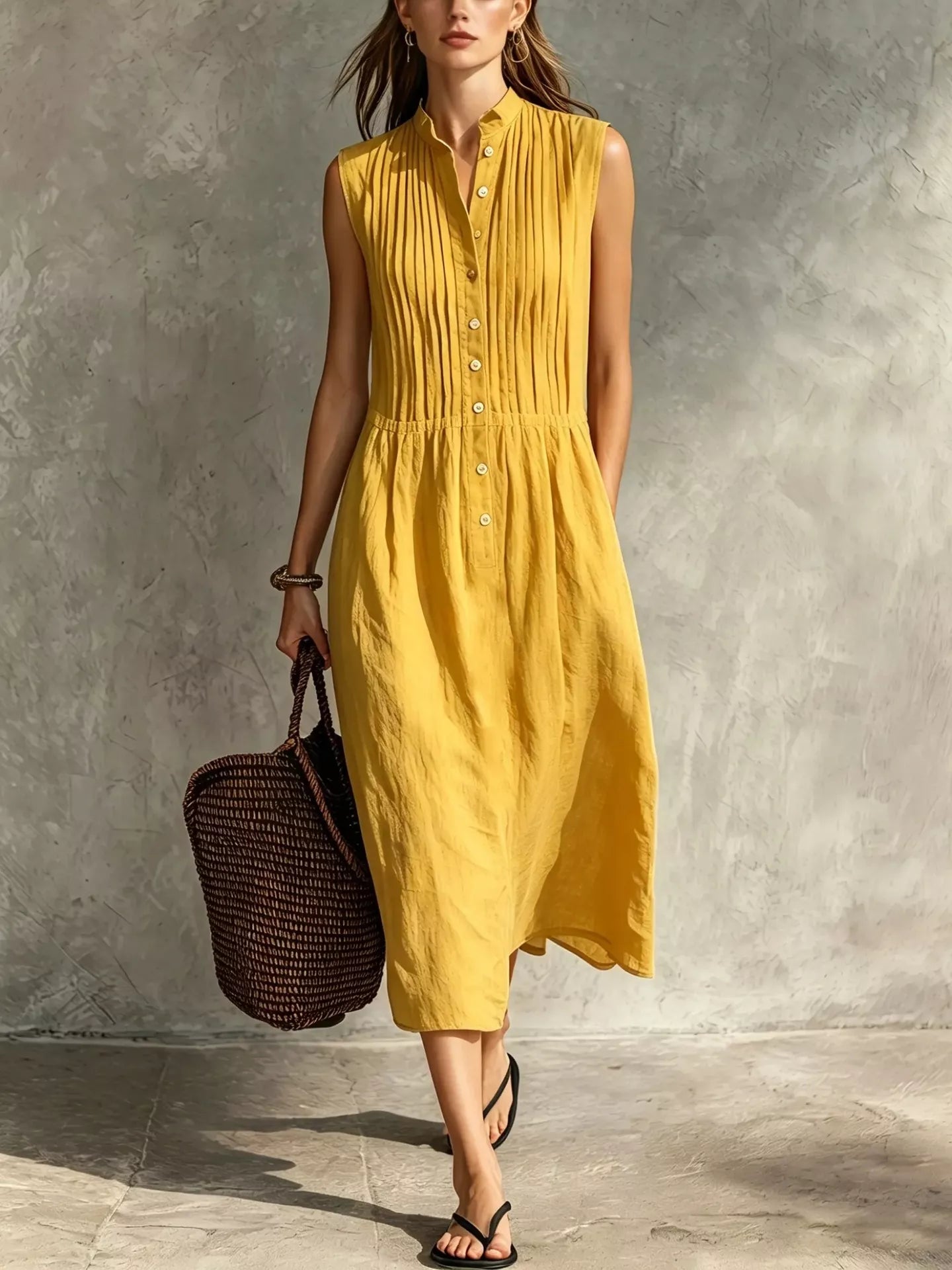 Mustard yellow sleeveless button-front midi dress with vertical pintucks and gathered waist