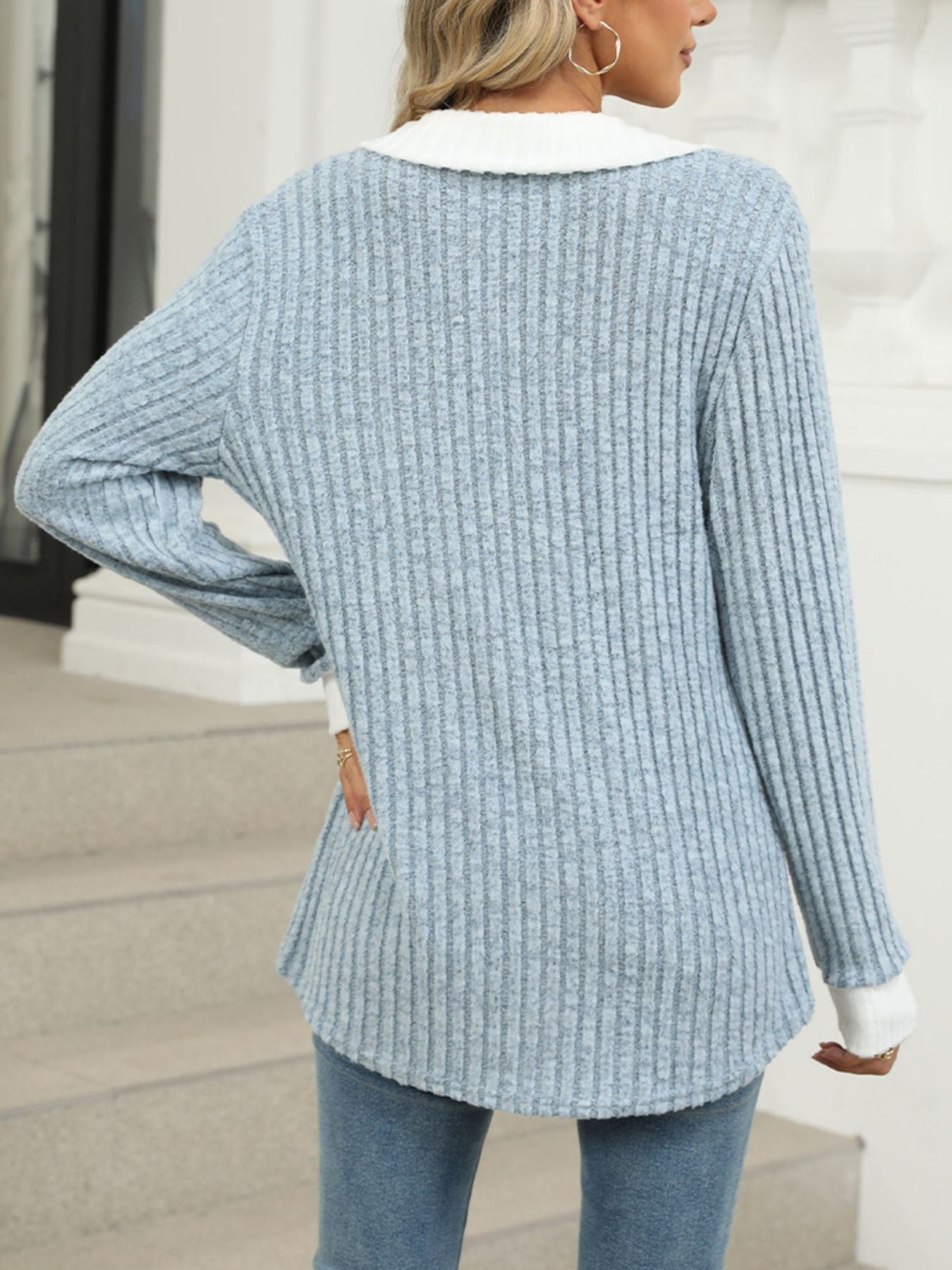 Cedar & Moore Ribbed Knit Long Sleeve T-Shirt in light blue, ribbed knit texture, back view.