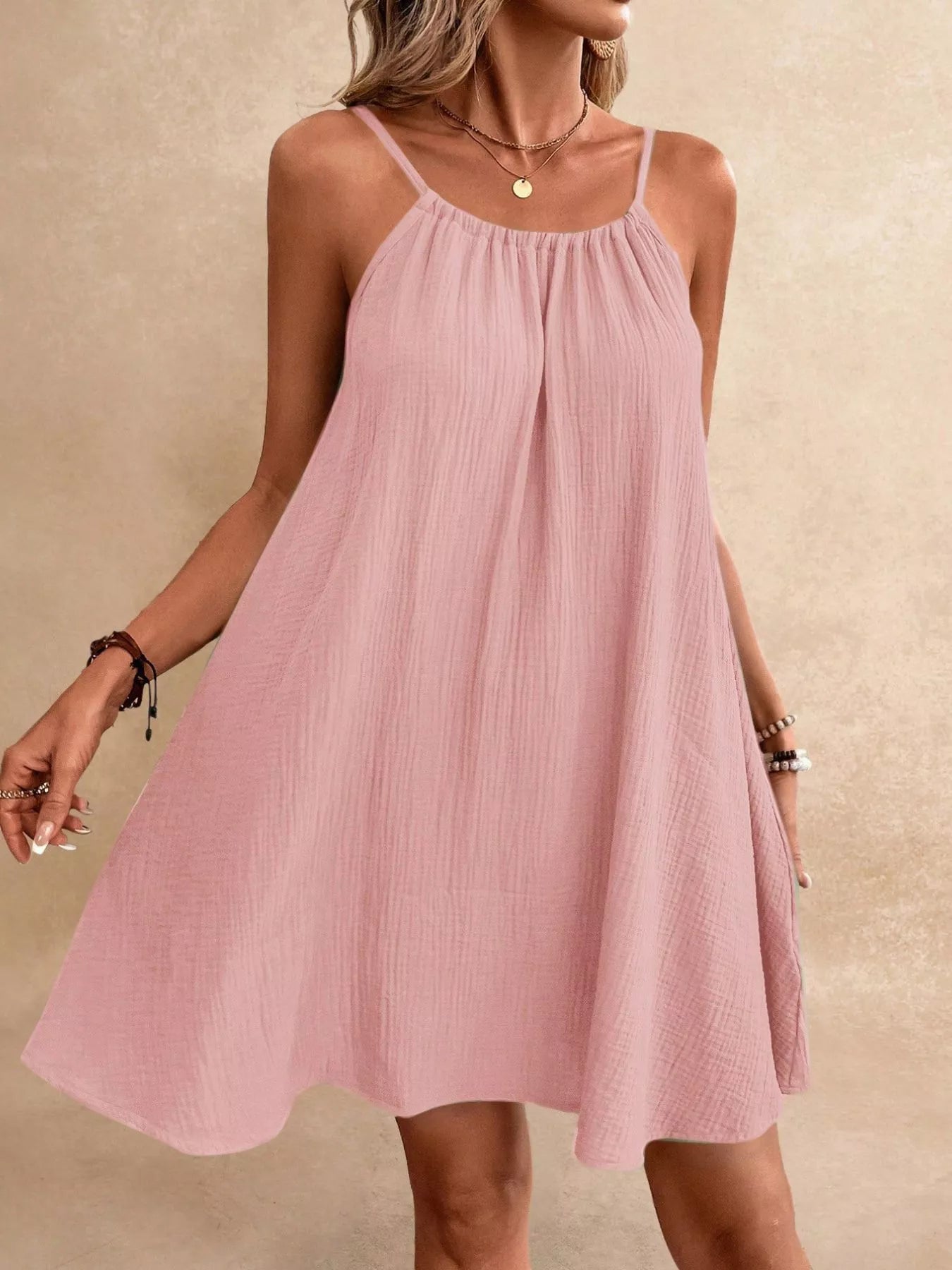 Cedar & Moore Casual loose spaghetti-strap pink mini dress, backless, lightweight crinkled fabric.