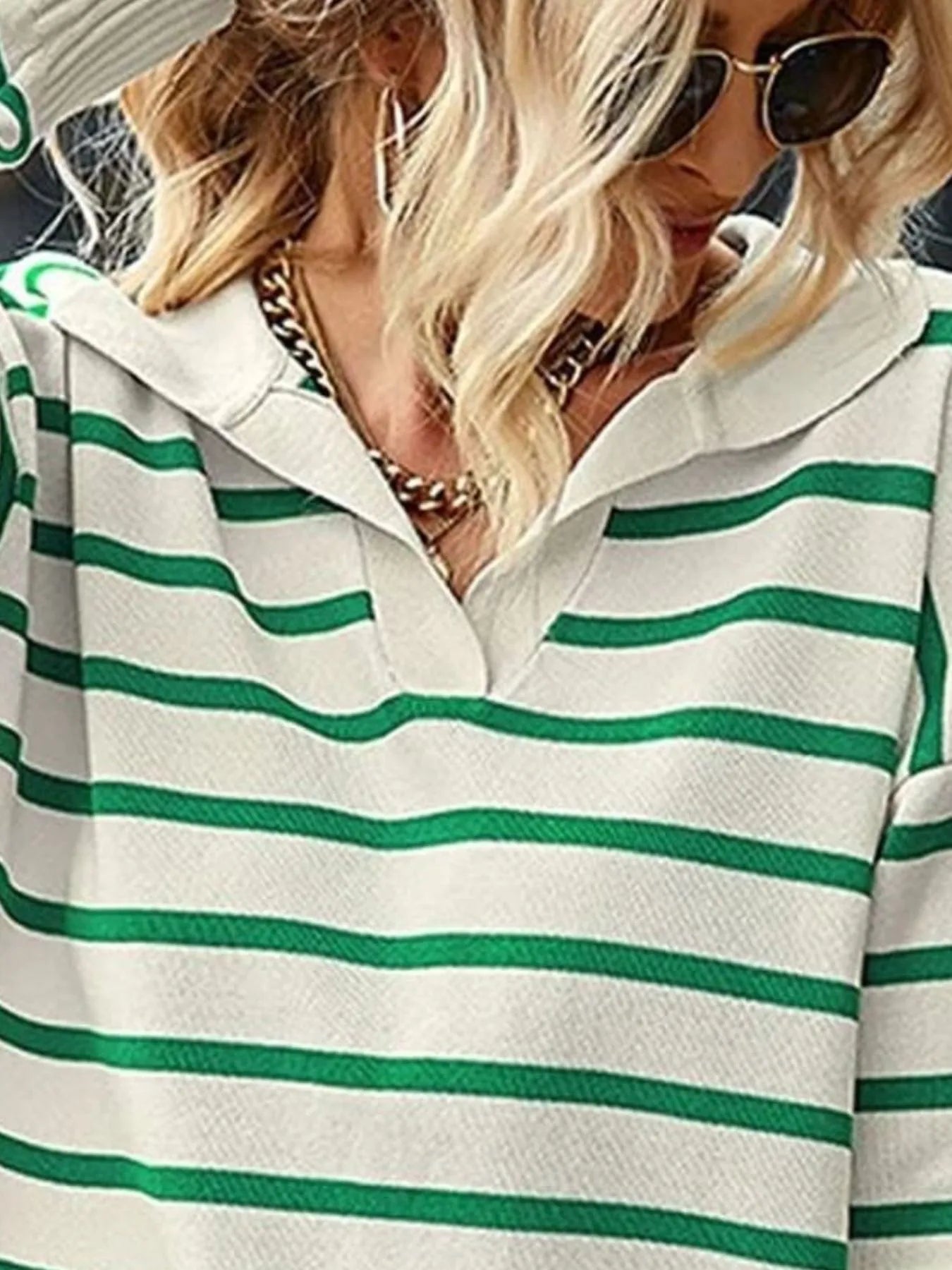 Ribbed-cuff striped sweater with polo collar, cream knit with green stripes