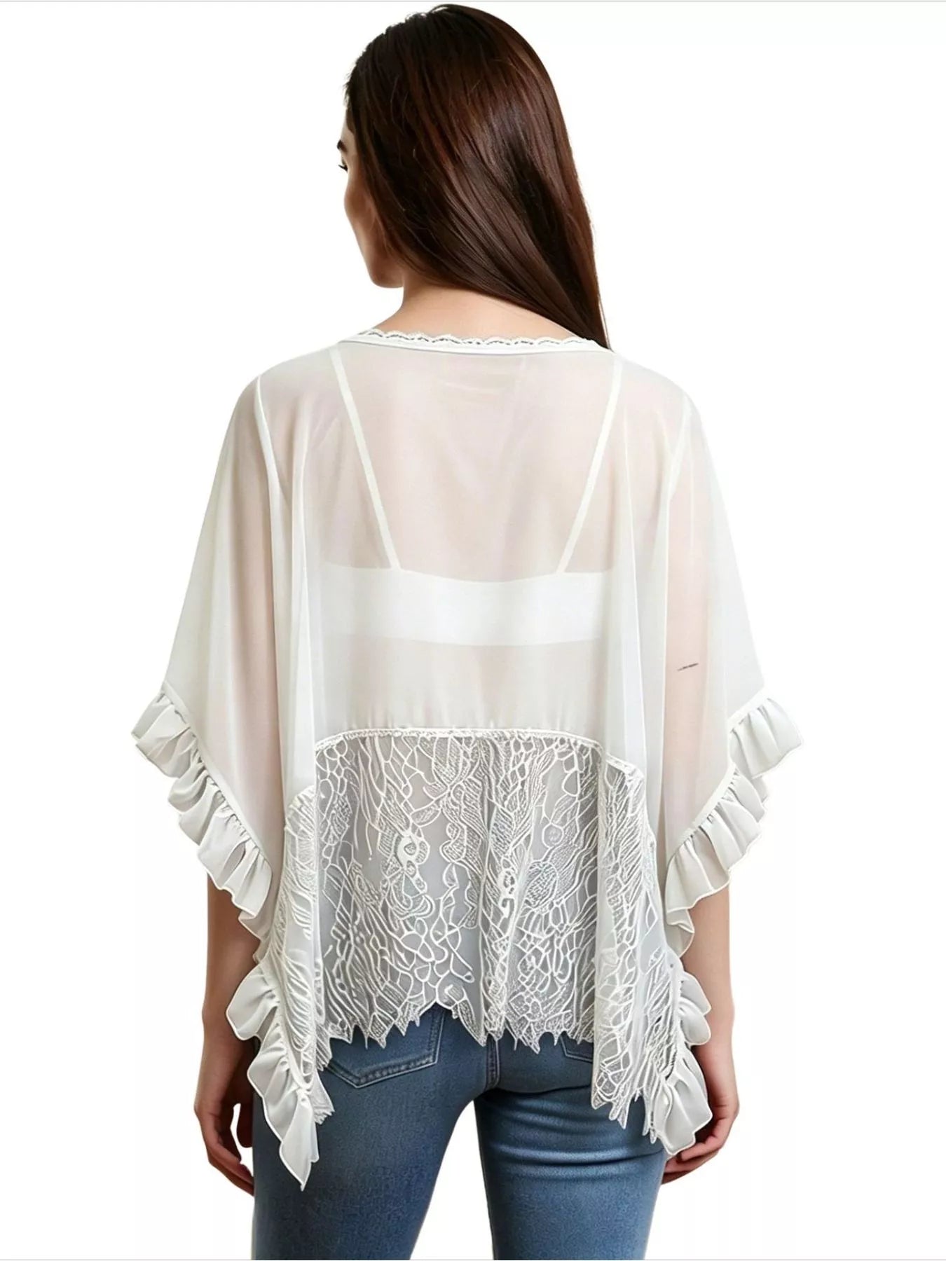 Cedar & Moore Lace Trim Flowy Cover-Up, white sheer fabric with lace hem and ruffled sleeves