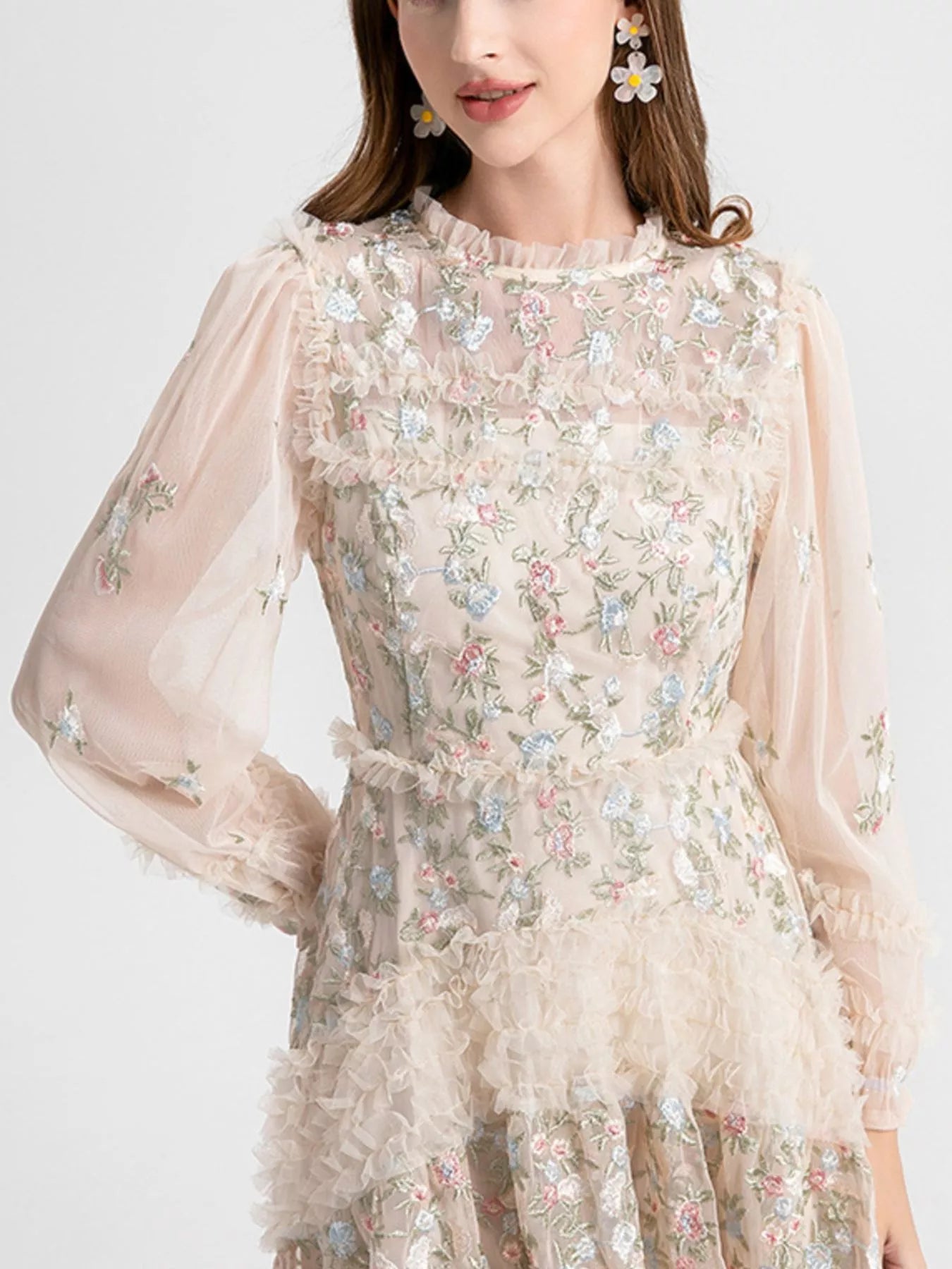 Cedar & Moore Floral Tulle Layered Maxi Dress in nude mesh with pastel embroidered flowers