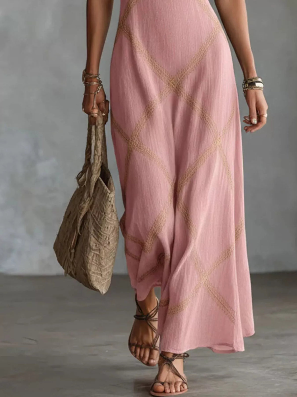 Dusty pink square-neck maxi dress with thin straps and gold diamond lattice pattern