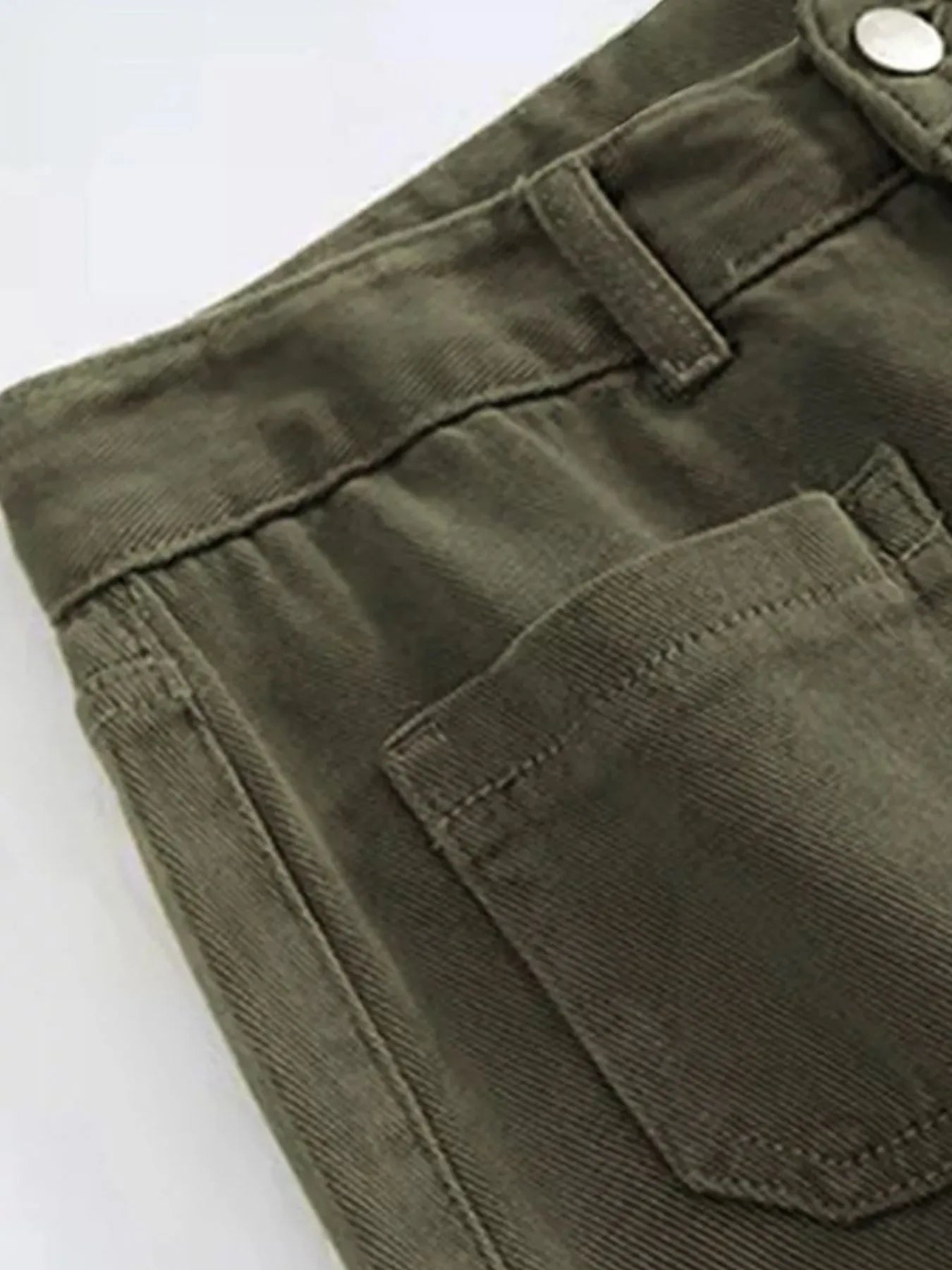Olive wide-leg pants with front patch pockets and topstitching