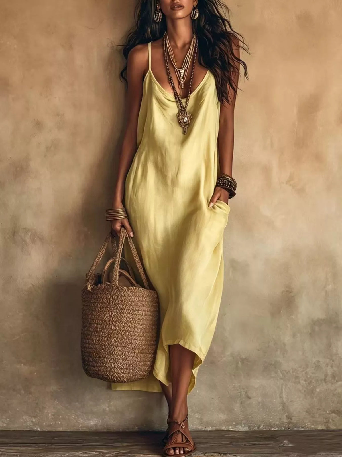 Yellow spaghetti strap midi dress with V-neck and loose, draped silhouette