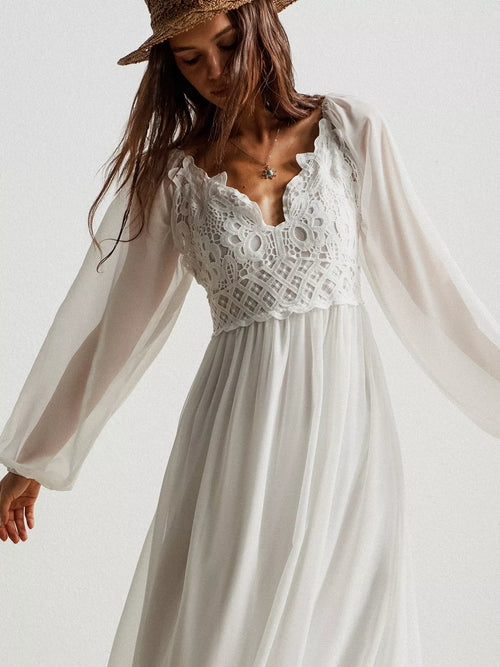 White crochet lace maxi dress with scalloped square neckline and sheer sleeves
