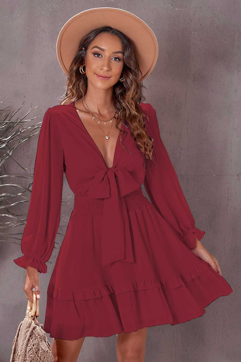 Wine red plunging neckline long-sleeve flounce dress with tied bow and tiered skirt
