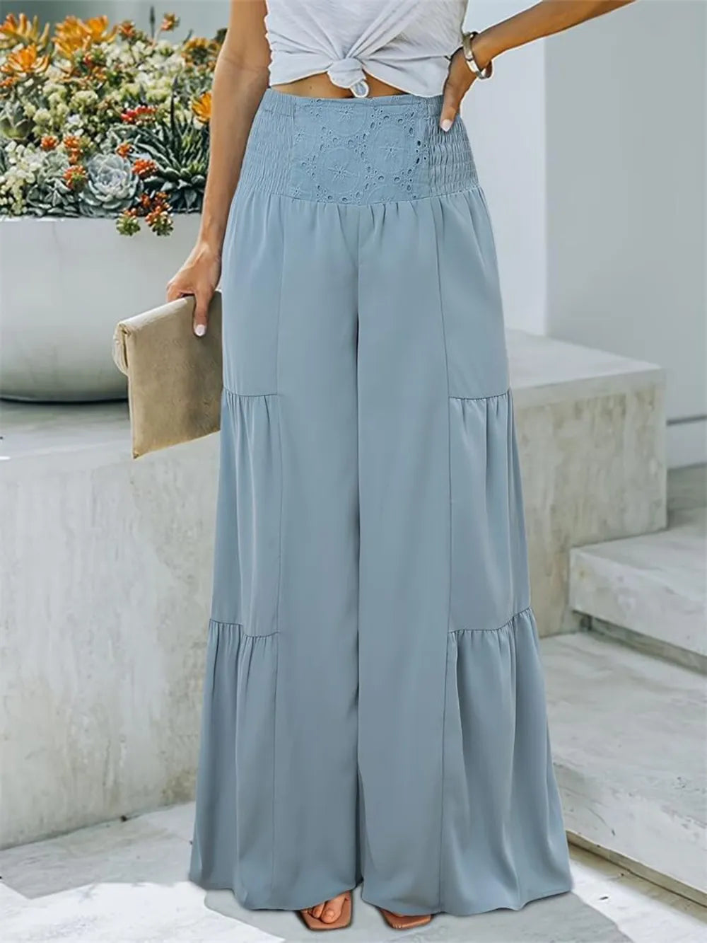 Light blue smocked high-waist tiered wide-leg pants, front pockets