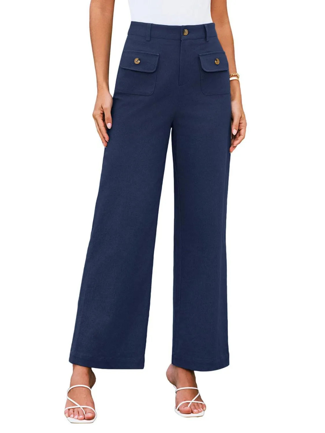 High waist wide leg pants in dark blue with front button and two flap pockets