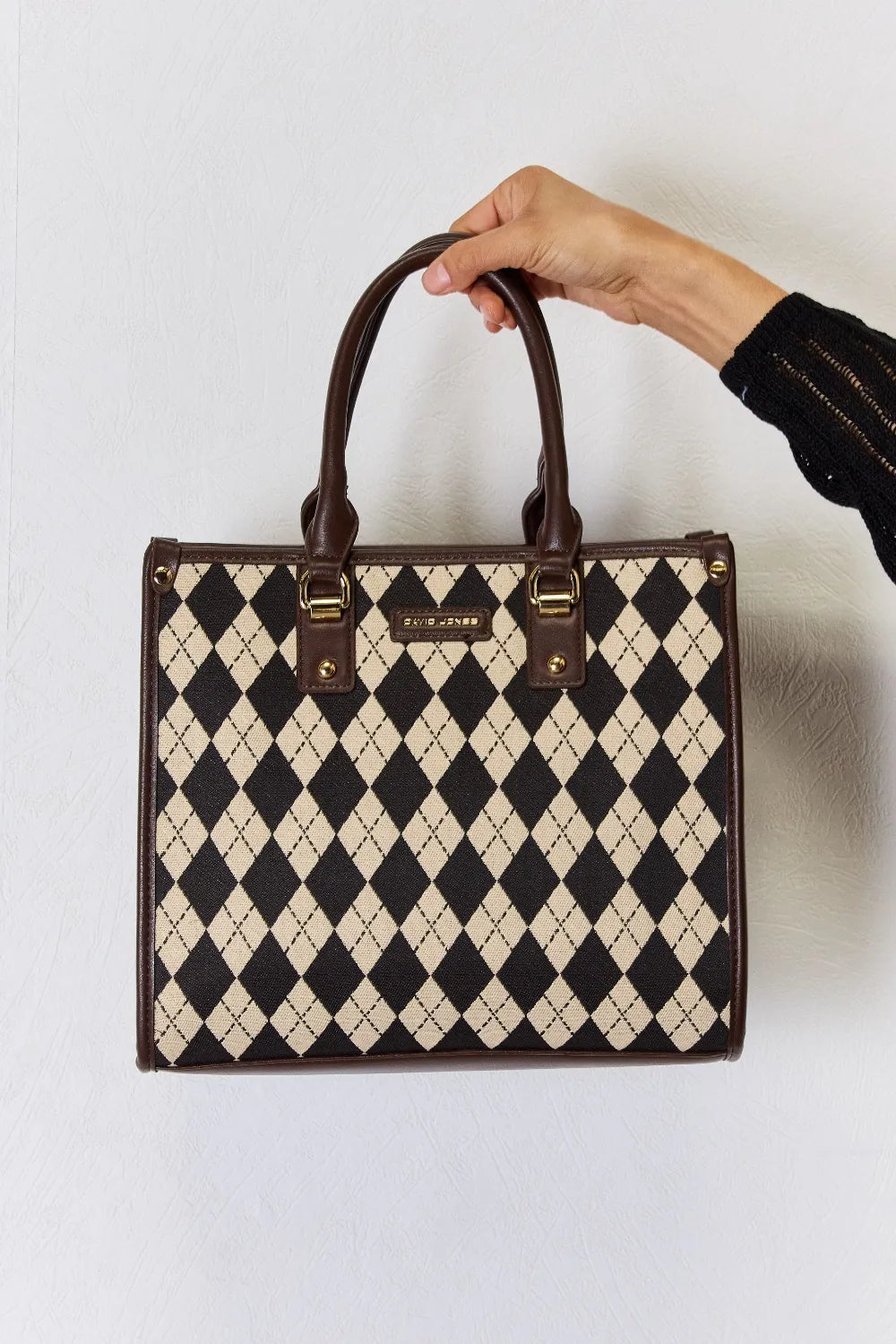 Brown and cream argyle PU leather handbag with top handles and gold-tone hardware