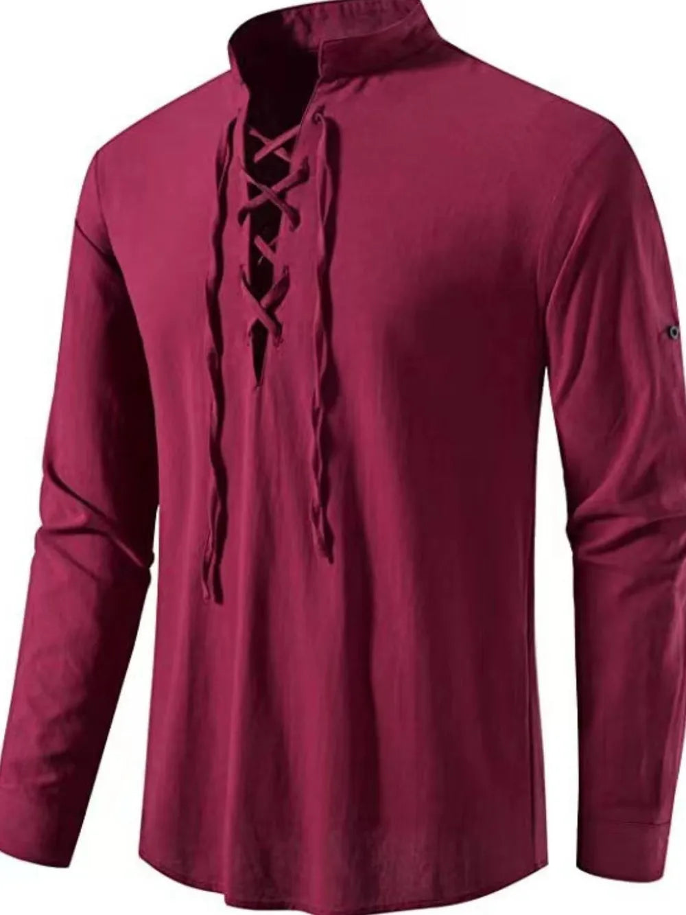 Men's long-sleeve lace-up shirt with stand collar, burgundy