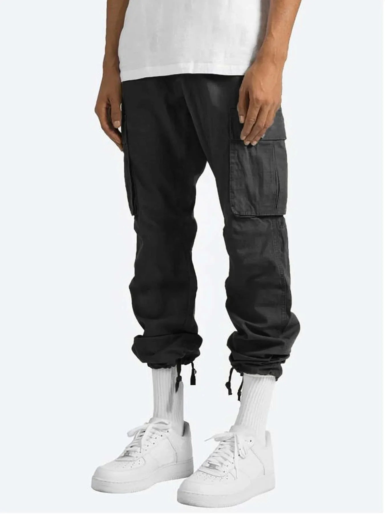 Men's black drawstring cargo pants with side cargo pockets and cuffed ankles.