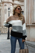 Color block round neck sweater with tan, white, dark gray sections and black cuffs