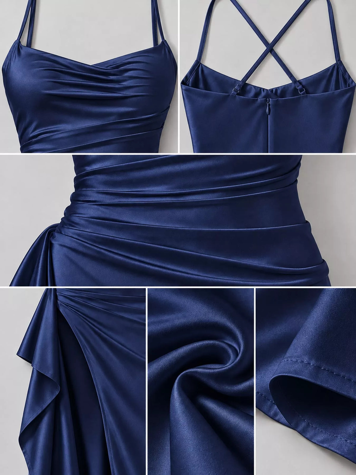 Dark blue satin dress close-up: ruched waist, spaghetti straps, and high-side slit detail.