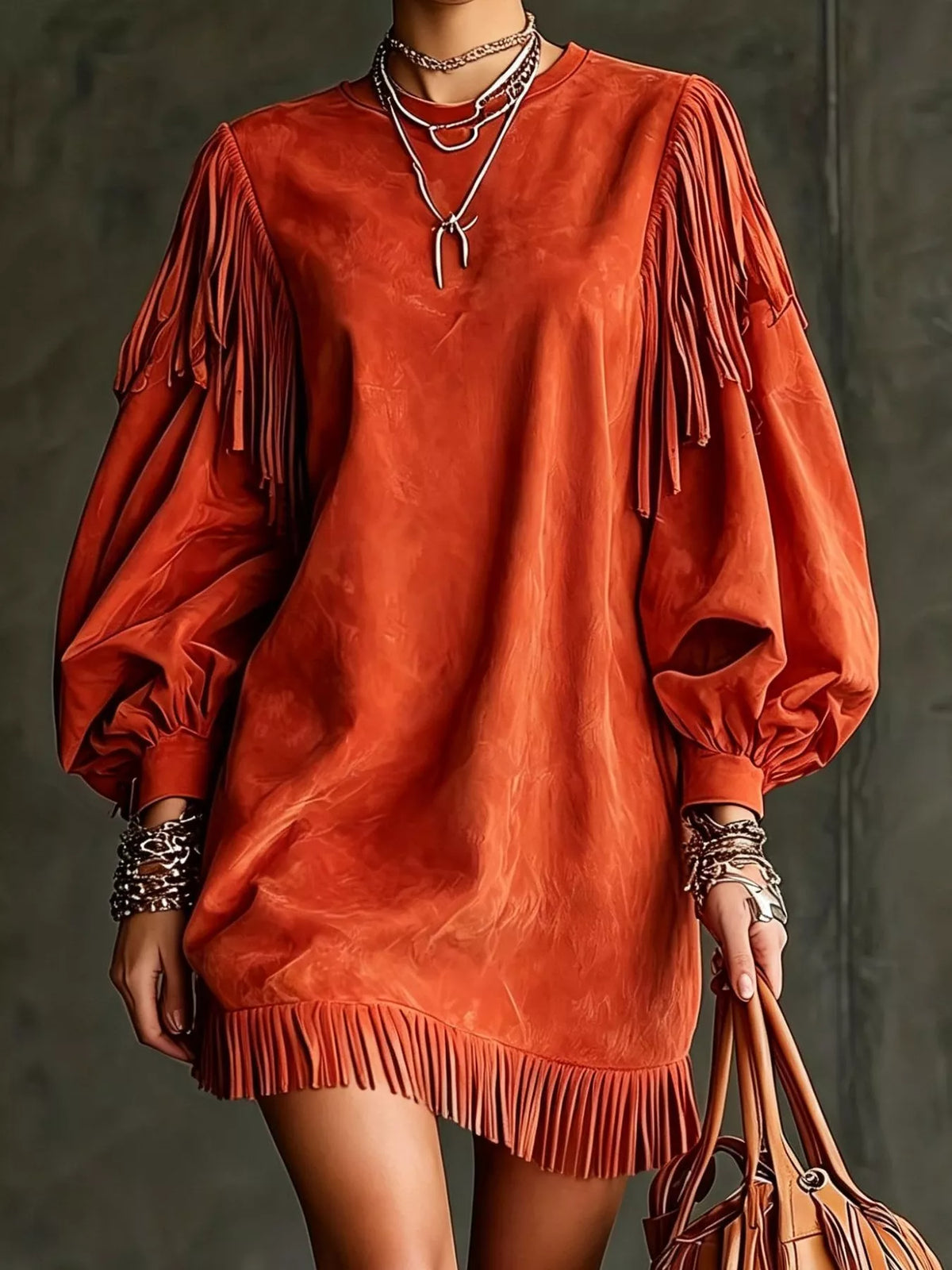 Orange-red mini dress with lantern sleeves and fringe hem, v-neck with tie detail