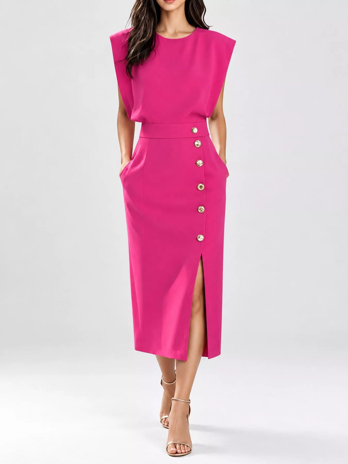 Pink sleeveless midi dress with gold buttons and side slit