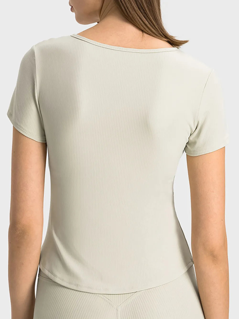 Notched short-sleeve active t-shirt, light cream back view with curved hem
