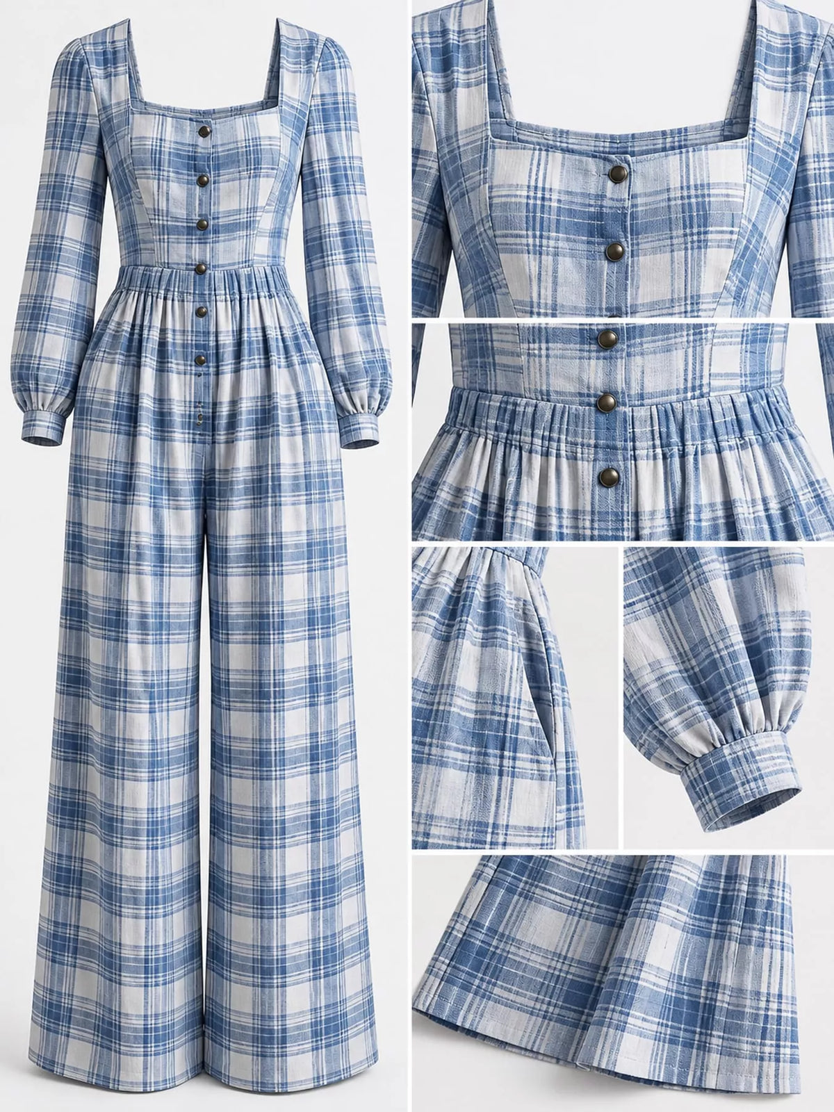 Plaid jumpsuit details: square neckline, button front, long sleeves, gathered waist, light blue