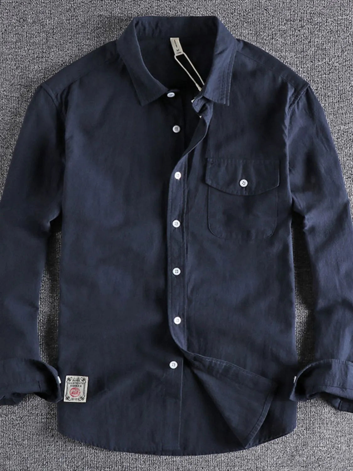 Men's button-down long sleeve shirt, navy with chest pocket and button front