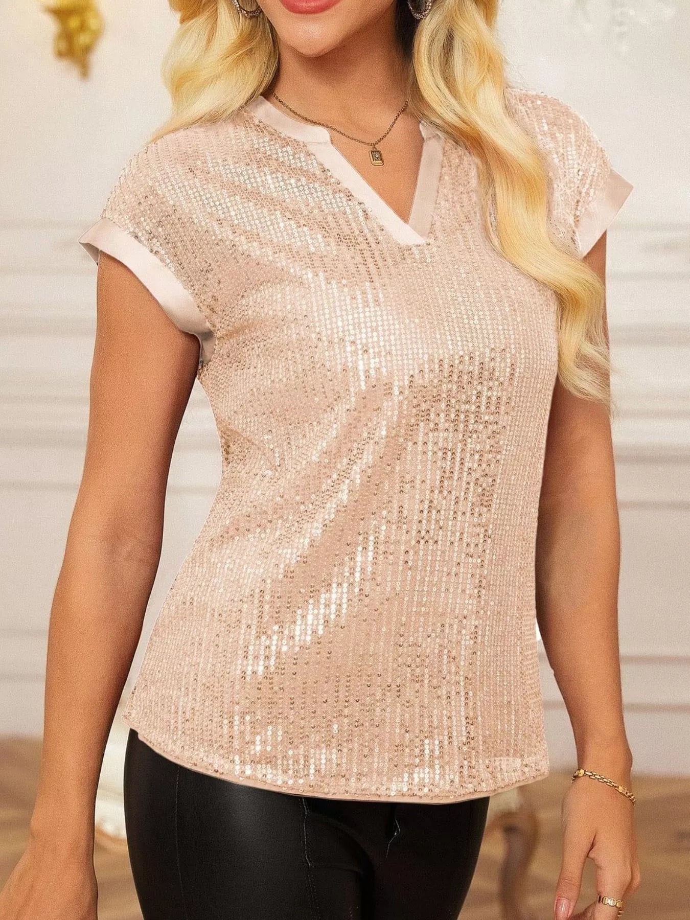 Sequin Notched Cap Sleeve Blouse by Trendsi in champagne pink
