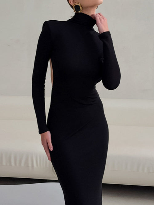 Black long-sleeve turtleneck bodycon maxi dress with open back cutout