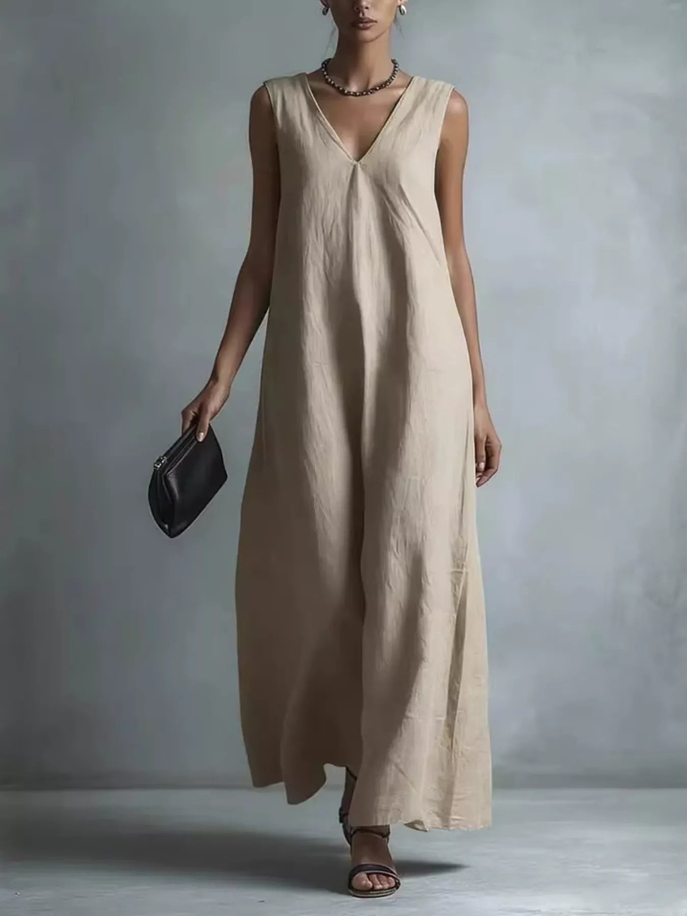 Light beige V-neck sleeveless maxi dress, draped front, sleeveless