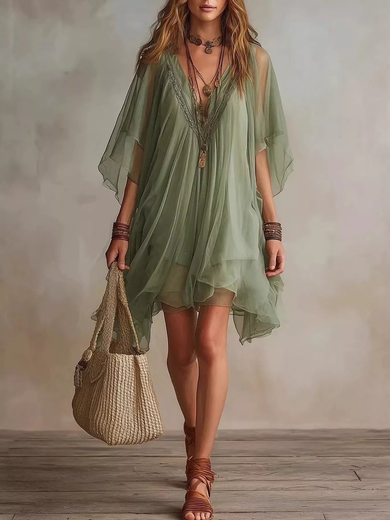 Green lace V-neck mini chiffon dress with sheer layered flutter sleeves