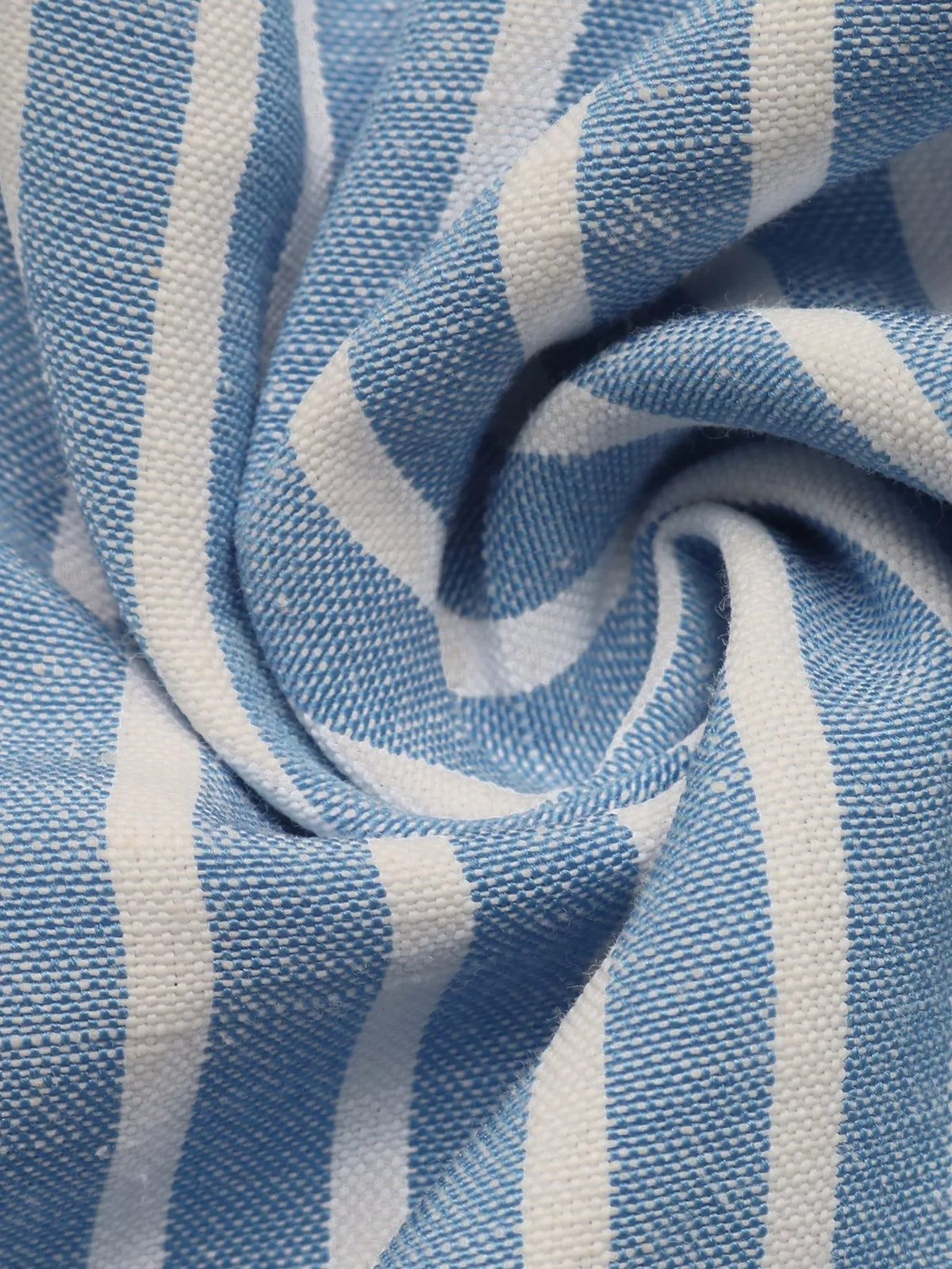 Close-up of blue-and-white striped woven fabric texture.