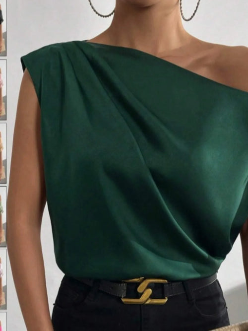 One-shoulder draped blouse in dark green, one-shoulder style with diagonal wrap fold